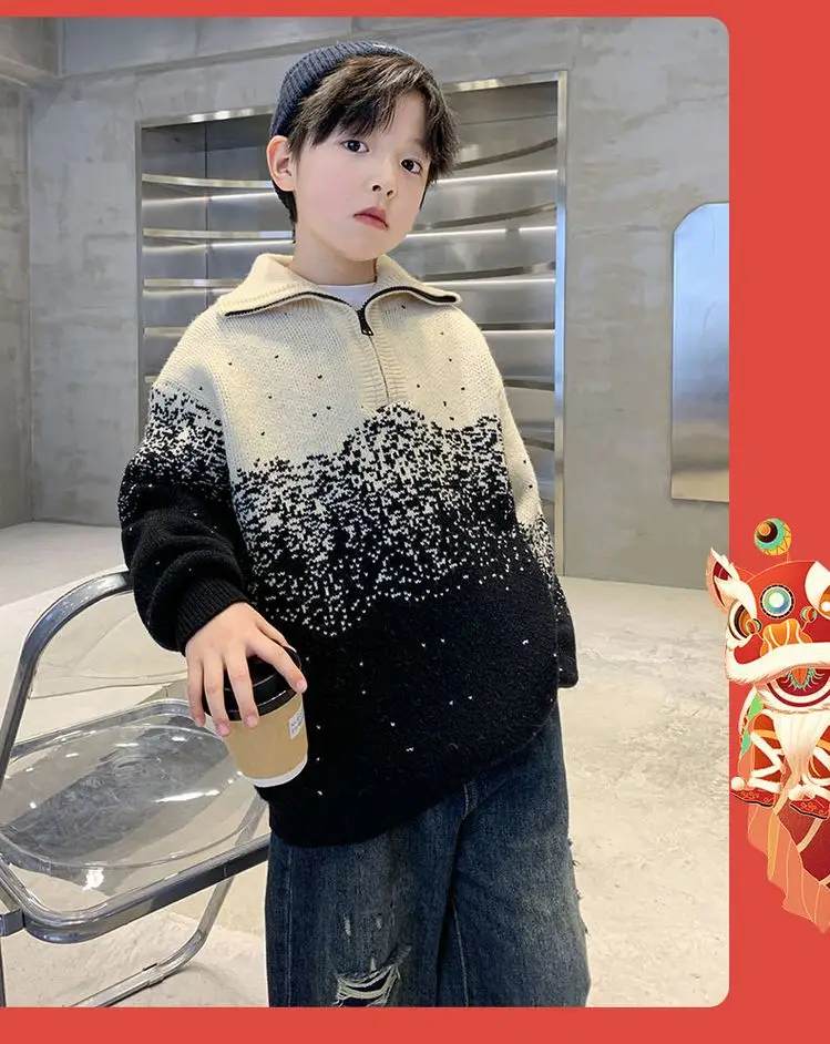 Kinder-Streifen-Polopullover mit halbem Reißverschluss für Jungen, Frühling, High-Street-Strickwaren, Teenager, Kinder, modische Strickpullover-Outfits – Detail 10