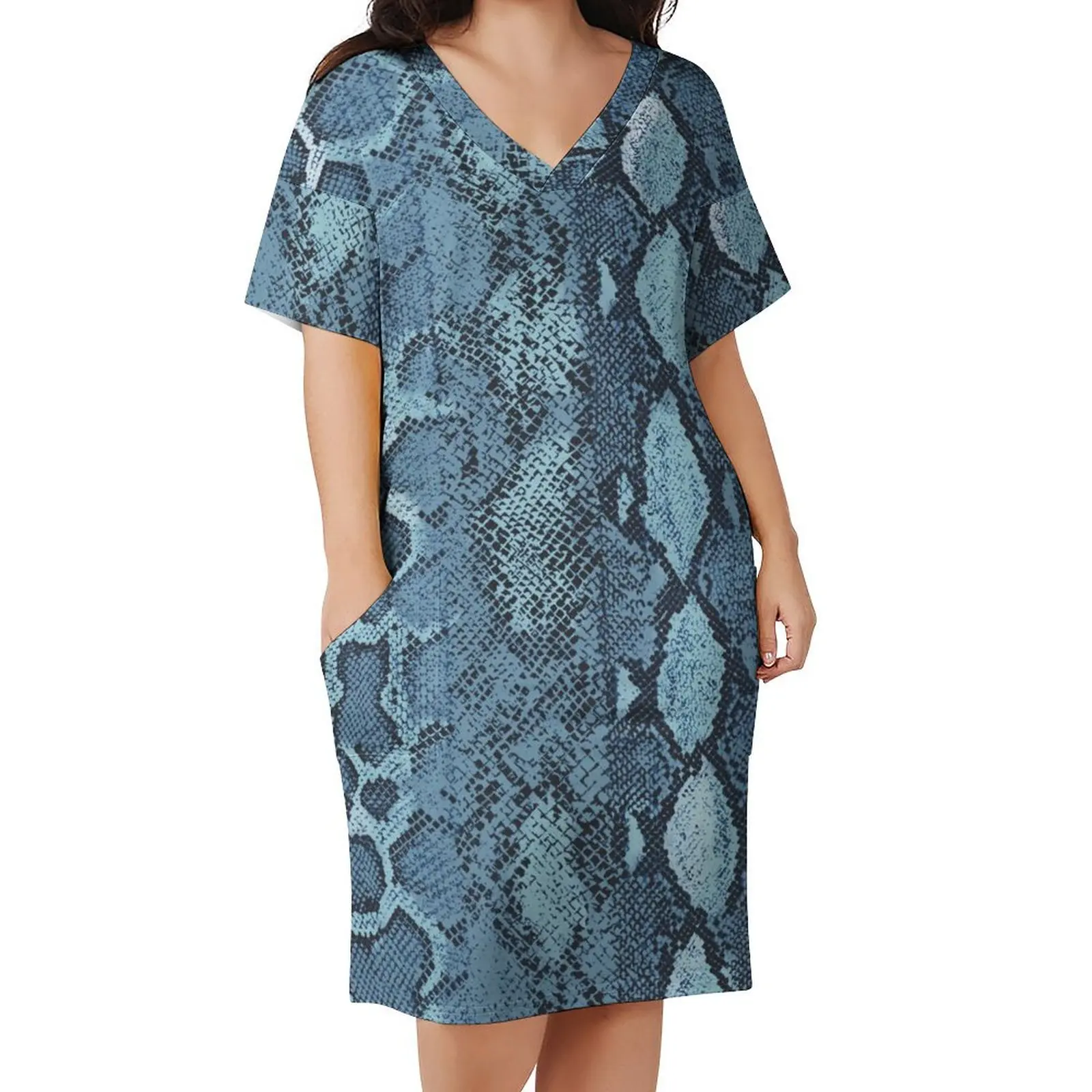 Blue Snakeskin Casual Dress Womens Animal Print Elegant Dresses Summer V Neck Aesthetic Design Dress Big Size 5XL