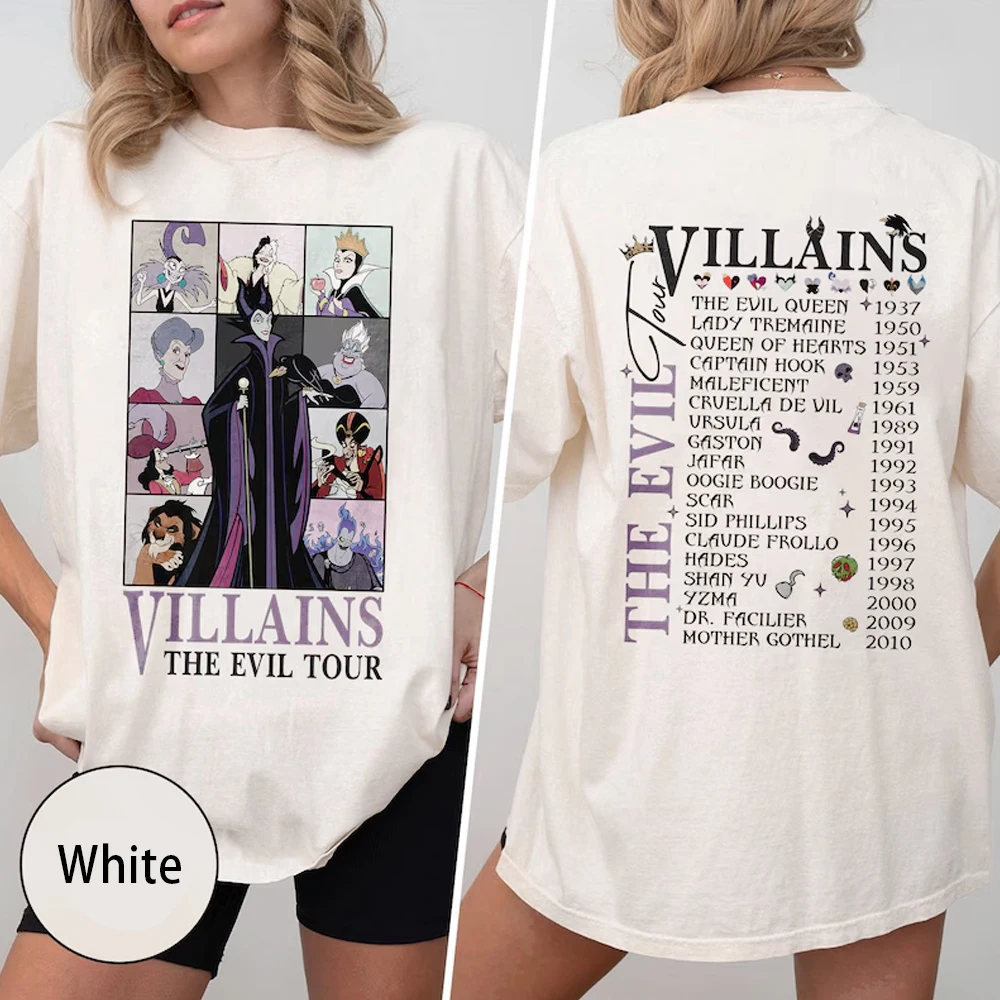 

Ретро Дисней Малефисенты Злодеи Злой узор с принтом Тур Комфортные цвета Рубашка Плохая ведьма Повседневные модные топы Одежда