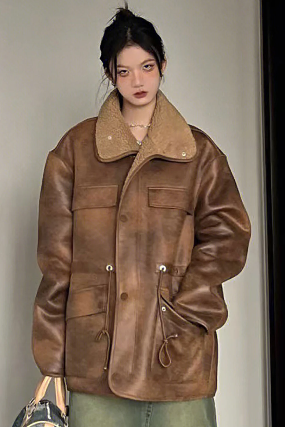 

Lamb Wool Wearing Thickened Coat on Both Sides Women Winter New American Retro Loose Worn Motorcycle Wear Double Sided Wearable