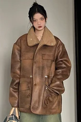 Lamb Wool Wearing Thickened Coat on Both Sides Women Winter New American Retro Loose Worn Motorcycle Wear Double Sided Wearable