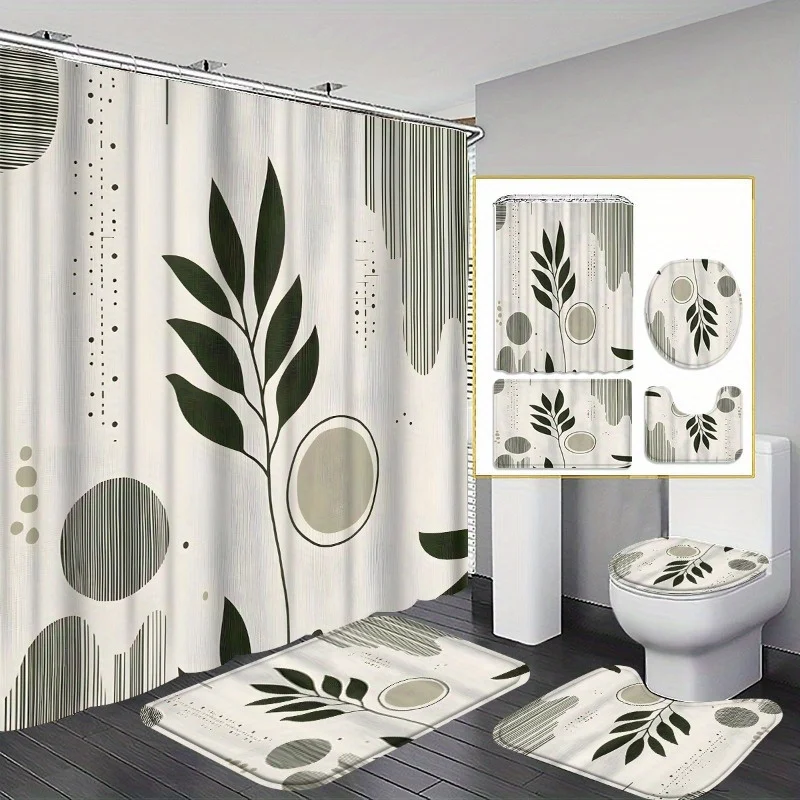 

4pc abstract plant bathroom set, machine washable, includes shower curtain, U-shaped mat, non-slip mat, and toilet seat cover