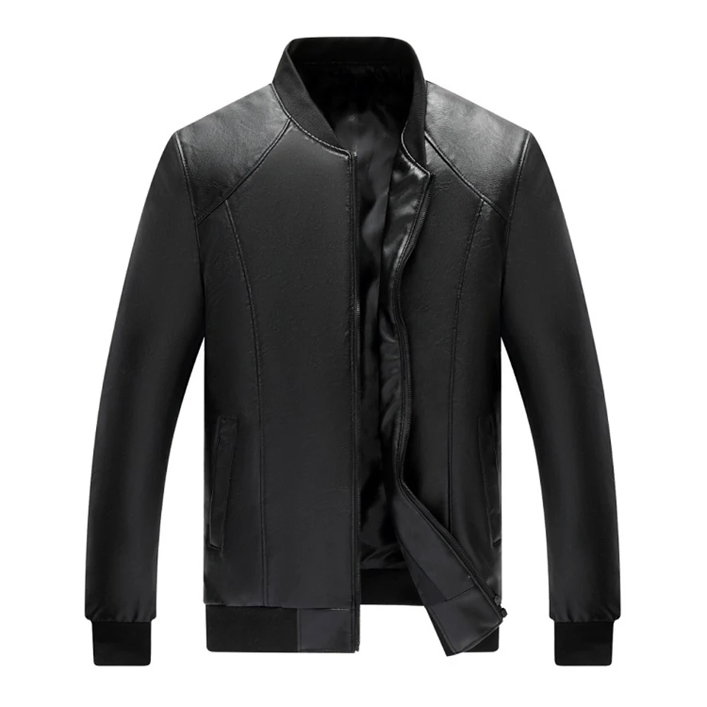 Men\'s Casual Imitation Leather Coat with Fleece Lining Stand Collar Long Sleeve Solid Black Retro Motorcycle Style