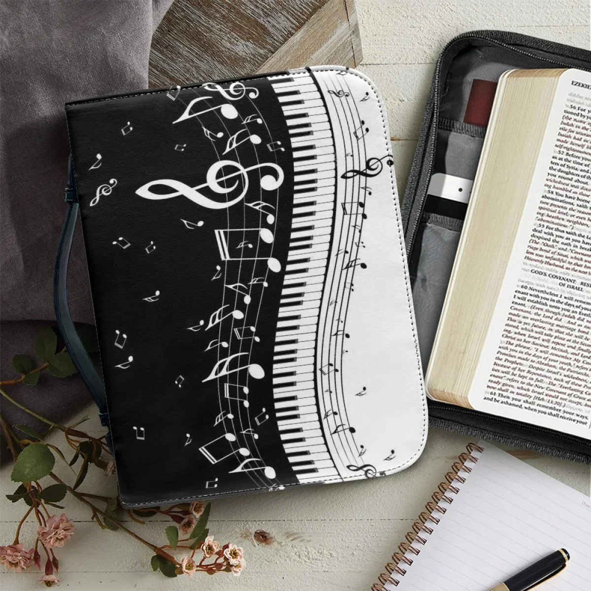 

Women's Handbags New Art Piano Keyboard Music Notation Pattern Print Bible Bag Practical Bible Study Book Holy Storage Boxes