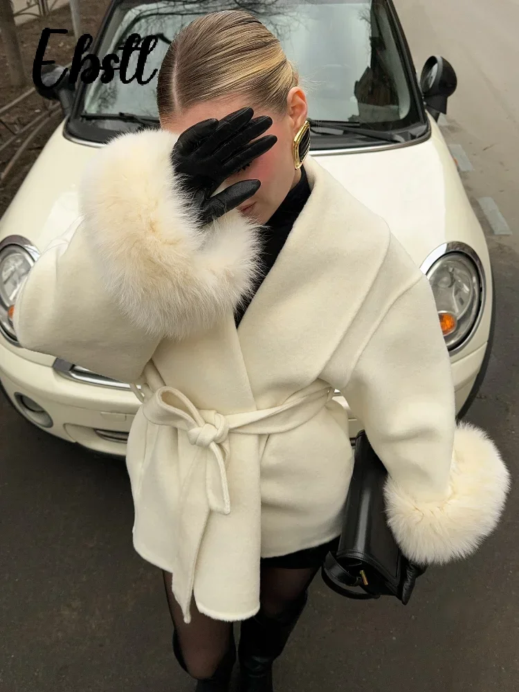 معطف صوفي دافئ مرقع من الفرو برباط علوي معطف نسائي للشارع بياقة مقلوبة وأكمام كاملة معاطف شتاء جديد للسيدات ملابس خارجية أنيقة