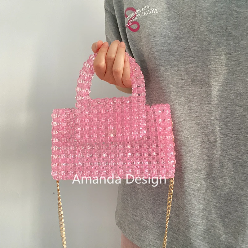 

Summer Handmade Woven Beaded Acrylic Beaded Phone Bags for Women Beach Vacation Party Weeding Handbags Fashion Pink Cute Lady