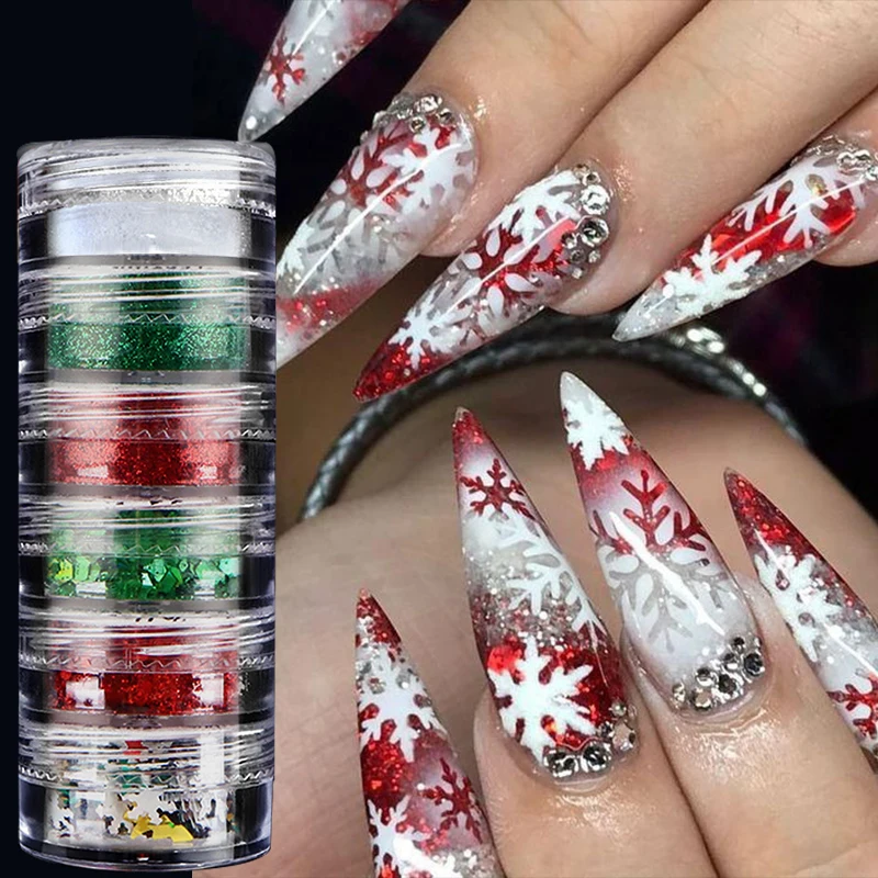 6 Bottles/Set Wool Nail Powder Mixed Christmas Red Green Sequins Snowflakes Paillette Winter Manicure Decoration Shiny Nail DIY