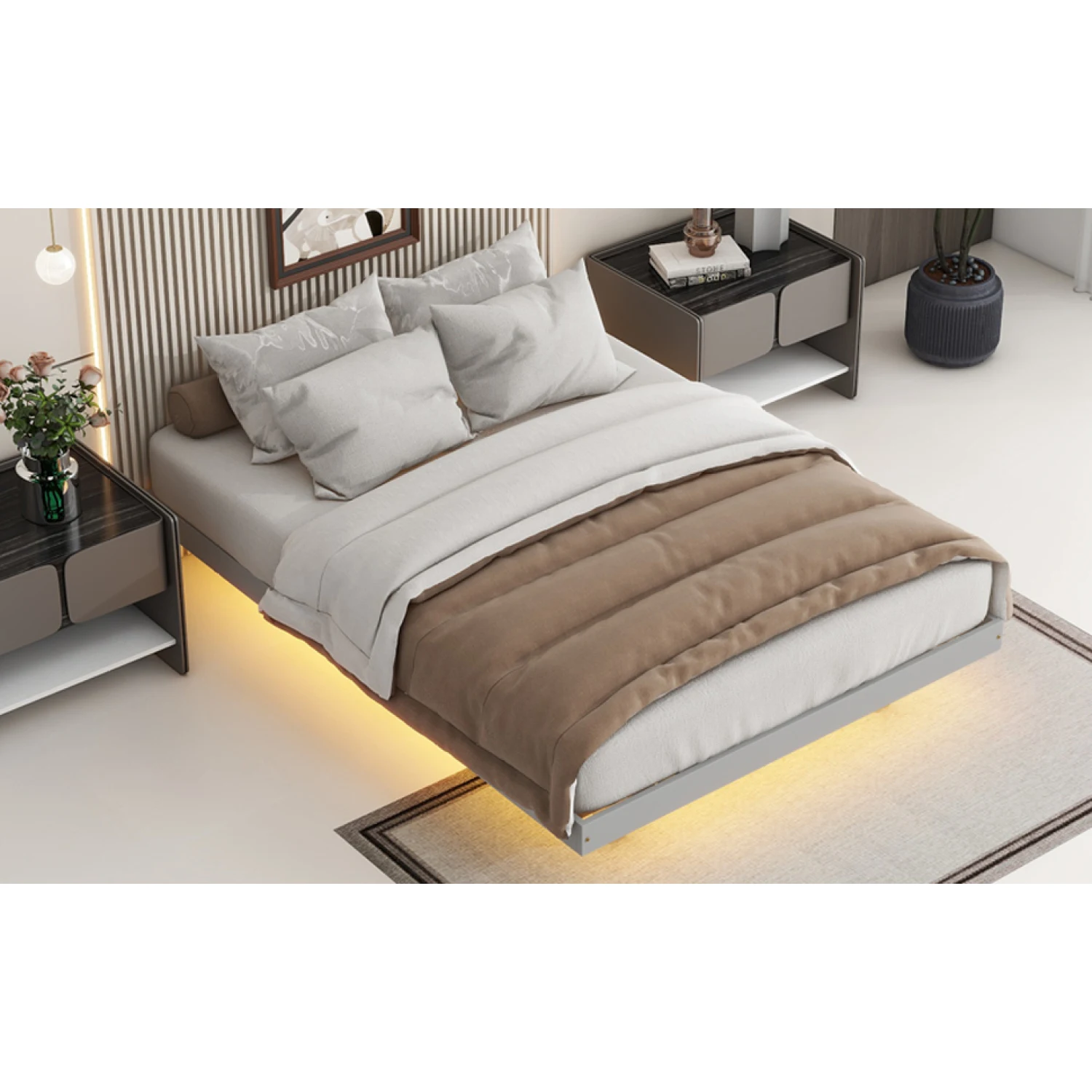 Full Size Floating Bed with LED Lights Underneath,Modern Full Size Low Profile Platform Bed with LED Lights,Grey