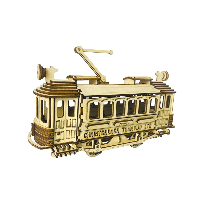 New 3D Wooden Puzzle Retro Tram Model Building Kits Christchurch Tramway Car Jigsaw Puzzles Educational Toys for Children Gifts