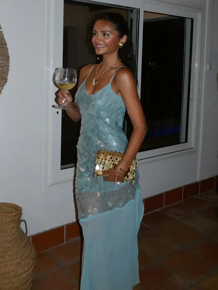 

Платье-макси без спинки с пайетками и вставками, женское, сексуальное, без рукавов, с открытыми плечами, U-образным вырезом, облегающее, для отпуска и пляжа, 2026