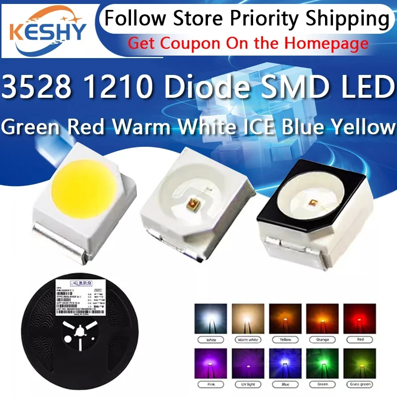 100 ชิ้น/ล็อต SMD LED ไดโอด 3528 1210 ไดโอด SMD LED Diodo ชุดสีเขียวสีแดง WARM White ICE สีฟ้าสีเหลืองสีชมพูสีม่วง-UV สีส้ม RGB