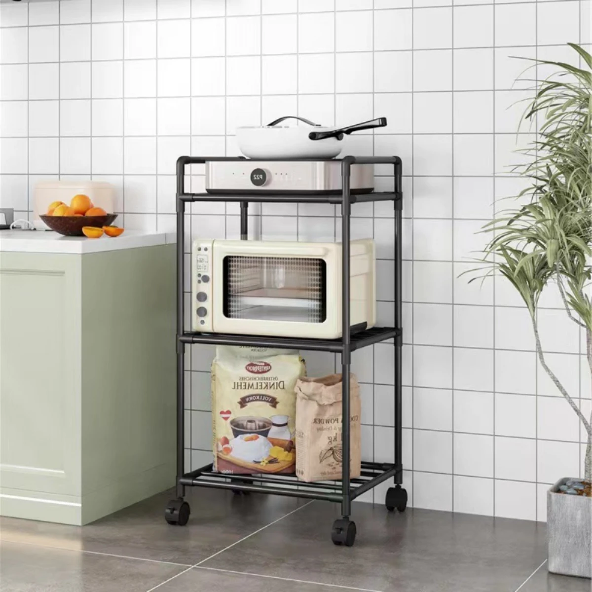 Floor-Standing Multi Layer Storage Rack Shelf with Pulley Trolley Bathroom Kitchen Microwave Storage Rack Kitchen Accessories