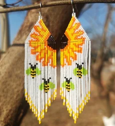 Beaded earrings Tassel Originality Flowers Design Symmetry Bees Hand knitting Bohemia Alloy Tide Simple Rice bead earrings