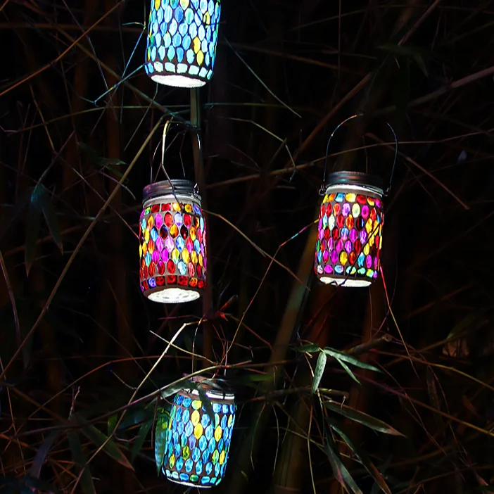 Solar Bohemian Mosaic Glass Lamp, lâmpada decorativa Mason, gramado ao ar livre, pátio, varanda, jardim, lâmpada atmosfera personalizada