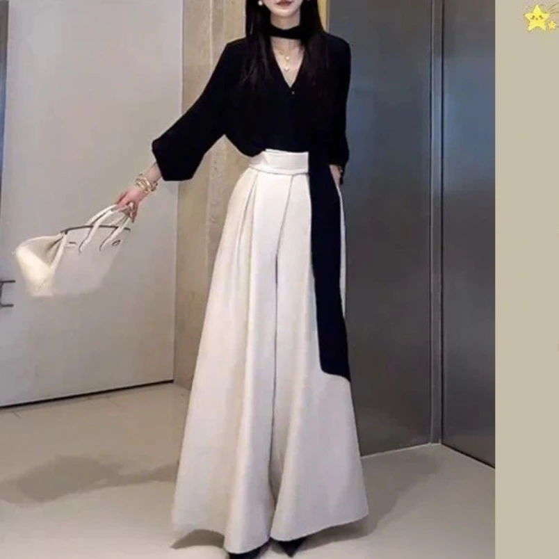 

Korean High-end Casual Suit Women's 2026 Spring and Summer New Style Ribbon Shirt Wide Leg Pants Two-piece Set