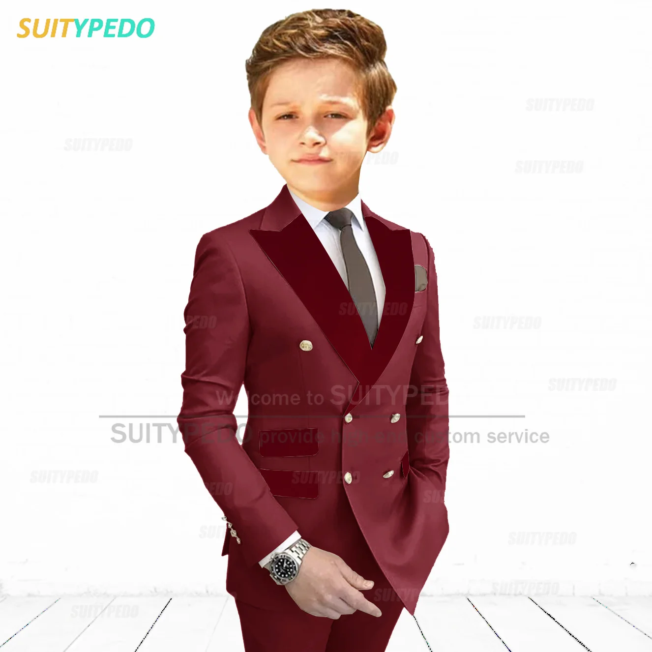 Burgundy Peaked Lapel Boy\'s Suit Set Children Prom Formal Blazer Pants Two Pieces Wedding Flower Kid Slim Fit Tuxedo Outfits