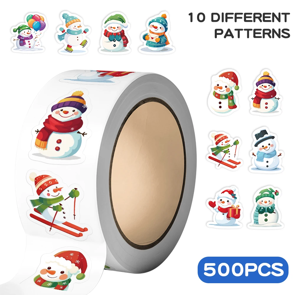 500pcs Christmas Snowman Festival Roll Stickers Cute Cartoon Decal DIY Phone Laptop Guitar Envelope Suitcase Decorative Stickers