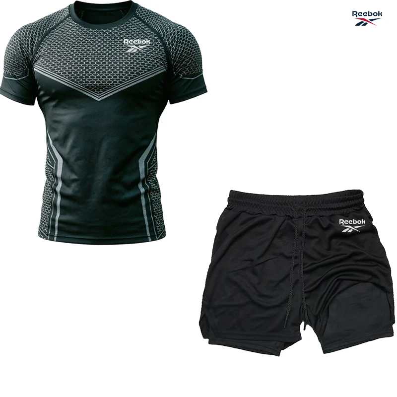 Reebok 2-in-1 Shorts with Compression T-Shirt - Men's Sports Set - Quick-Dry Running Sportswear - Fitness Training Collection