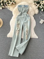 SINGREINY American Retro Streetwear Denim Jumpsuits Zipper Pocket High Waist Wide Legs Ripped Pants Summer Women Slim Rompers