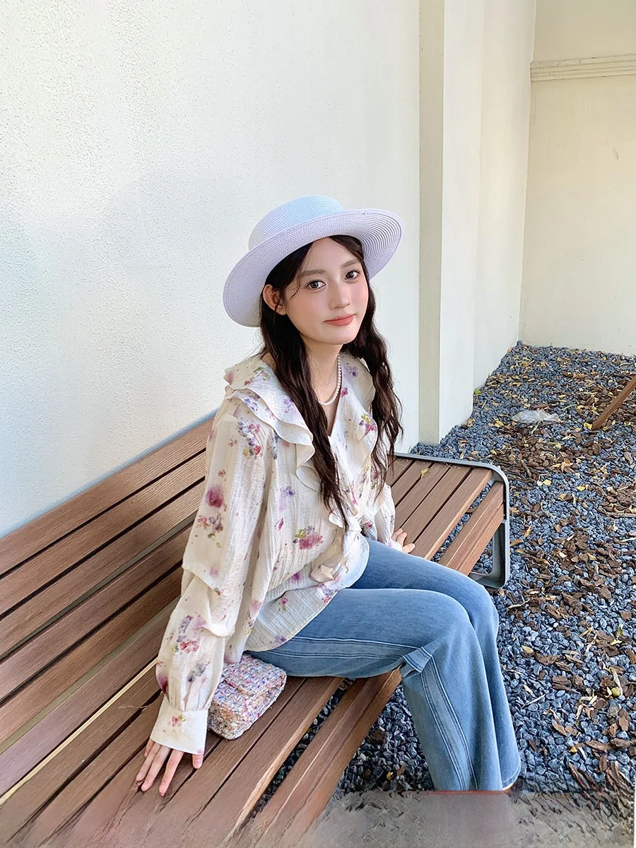 

Женская шифоновая блузка с цветочным принтом, V-образным вырезом, рукавами-колокол, приталенная, из хлопка, повседневная, осенняя мода