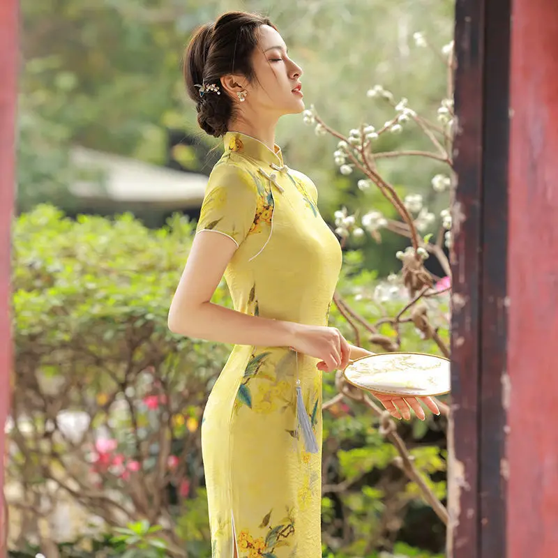 Yellow Vintage Qipao Women's Summer Evening Dress Chinese Style Traditional Slim Young Girls Robe Dresses Cheongsams Clothing