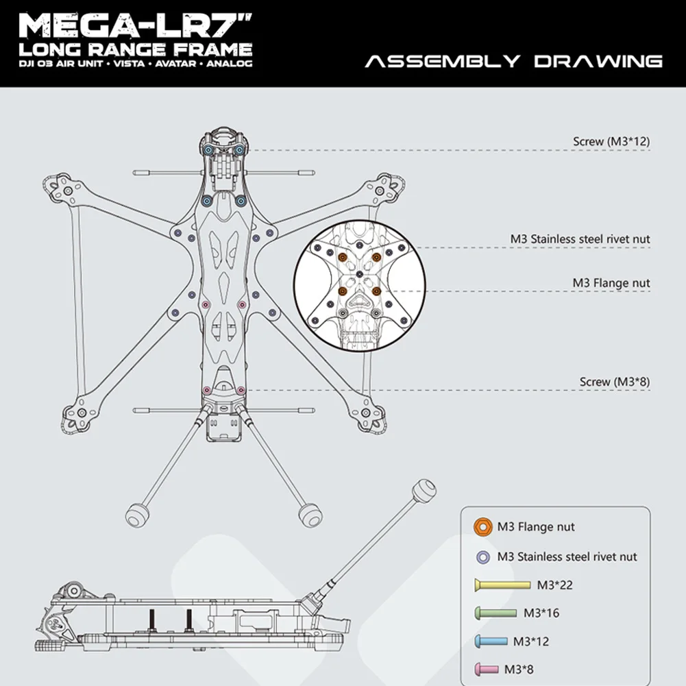 Foxeer MEGA 7-calowa ramka daleki zasięg LR DC 305mm T700 Carbon z jedwabistą powłoką dla O3 / Analog / Vista / HDzero / Walksnail LR7