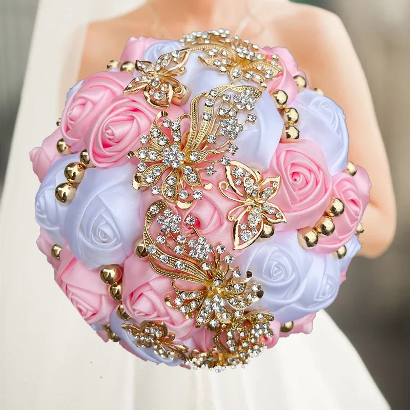 

1pc/lot Pink and White Bridal And Bridesmaid Bouquets Rhinestones Silk Roses And Pearls Handmade Sisters Wedding Bouquets
