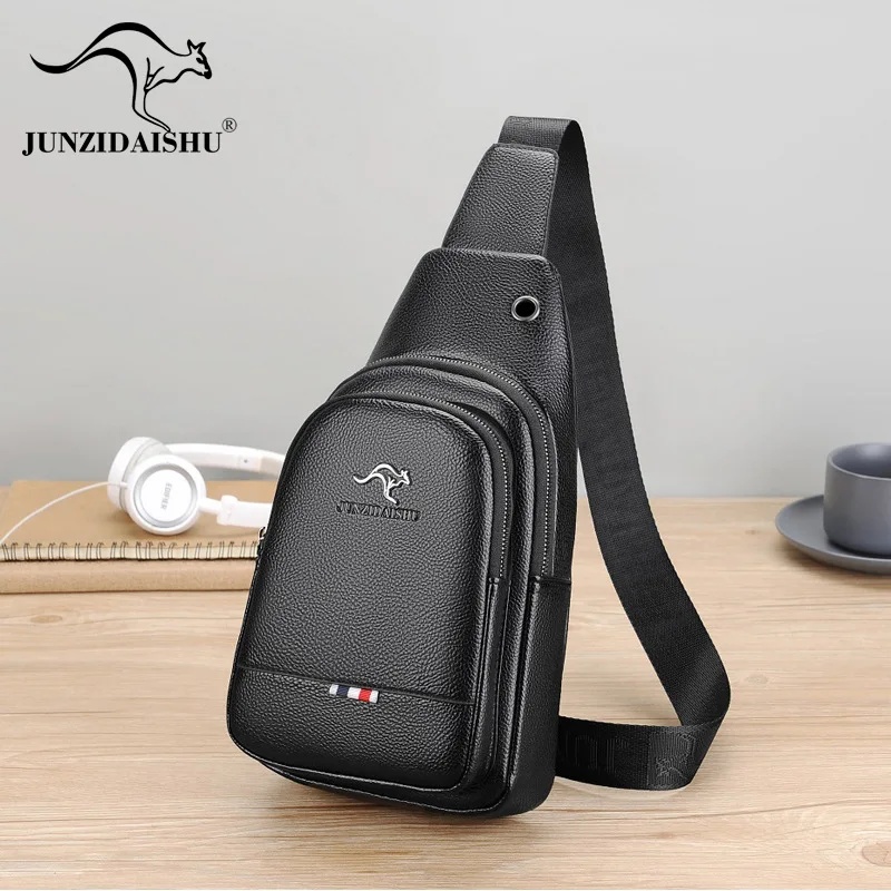 Wear-resistant PU leather men's chest foreskin multi-pocket simple multi-function travel diagonal span backpack
