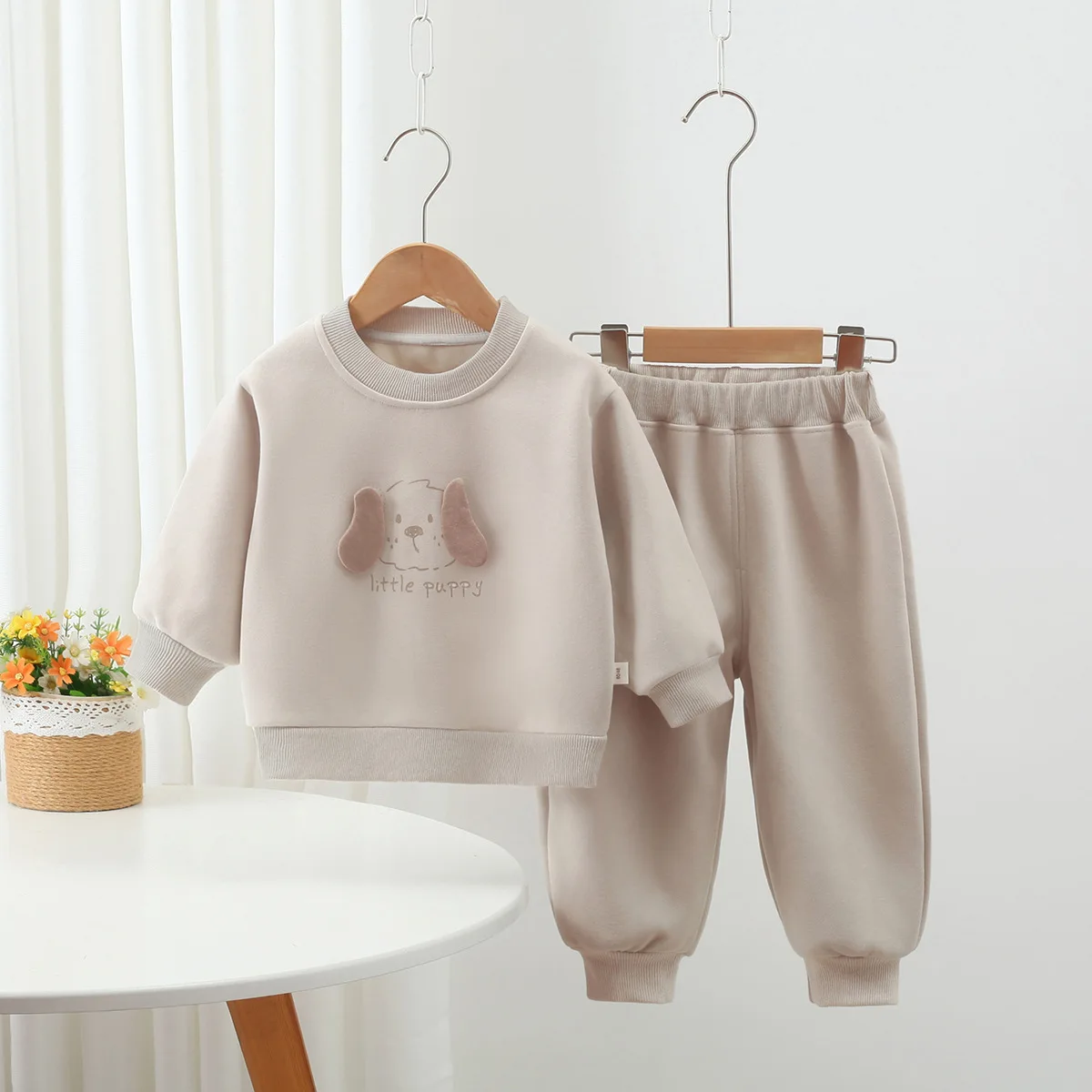 Autumn Korean Kids Sets Boys Girls Cartoon Print Puppy Patch Top+Elastic Waist Pants 2Pcs Clothes Casual Children Suit