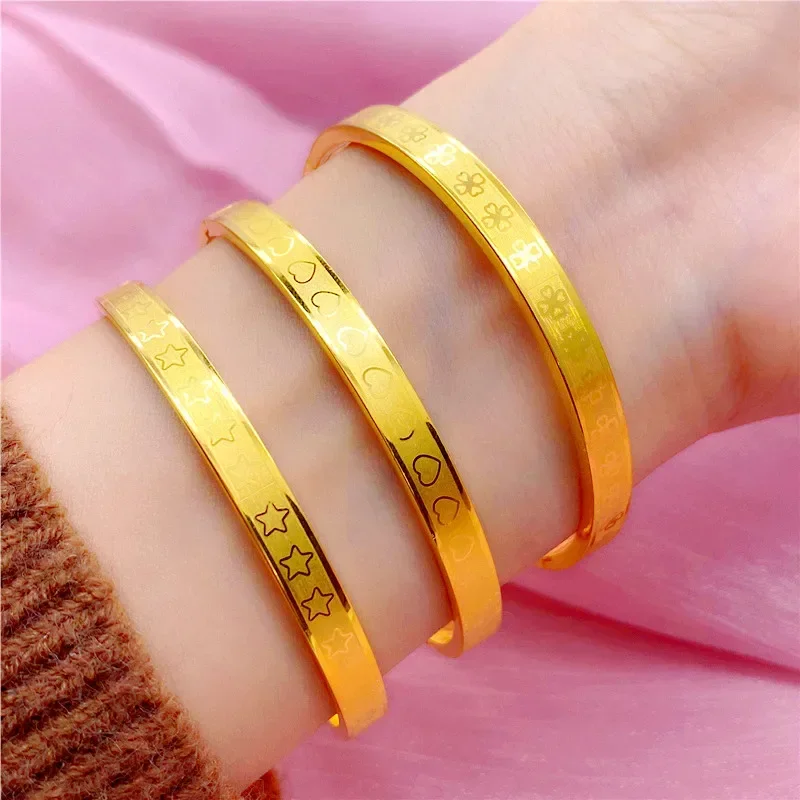 

Imitation Gold Jewelry Buckle Plated 100% 24K Real Gold 18K Bracelet Simple Love Star Clover Girl Pure Gold Plated Women's Bangl