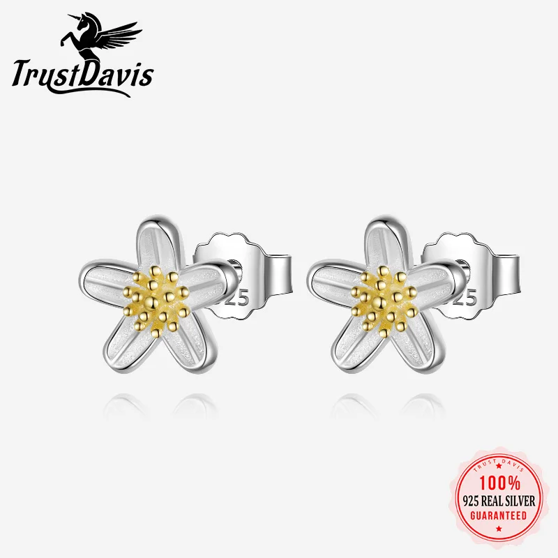 TrustDavis 2024 Real 925 Sterling Silver Sweet Flower Plant Stud Earrings For Mom Daughter Children Birthday Gift Jewelry DS4499