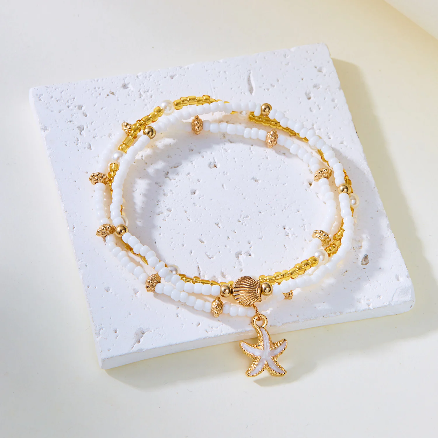 Böhmische Mehrschichtige Perlenkette für Frauen Goldfarben Seestern-Muschel-Anhänger Choker Sommer Strand Urlaub Schmuck Geschenk – Detail 8