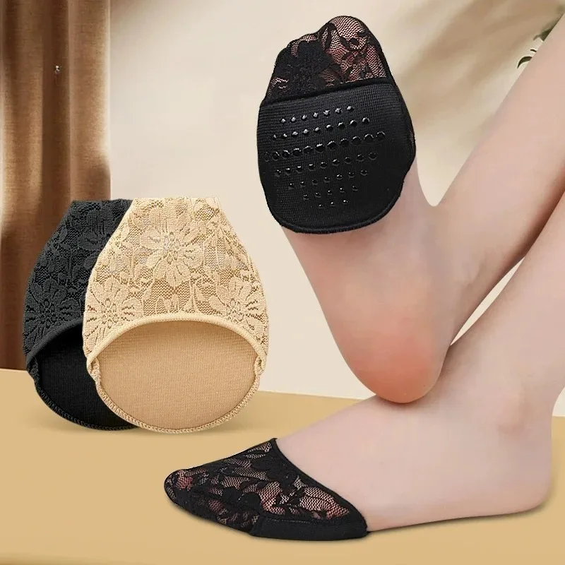 Women Invisible Lace Trim Cotton Half Insoles Anti Rub Non Slip Toe Separating Pressure Relief Foot Cushions