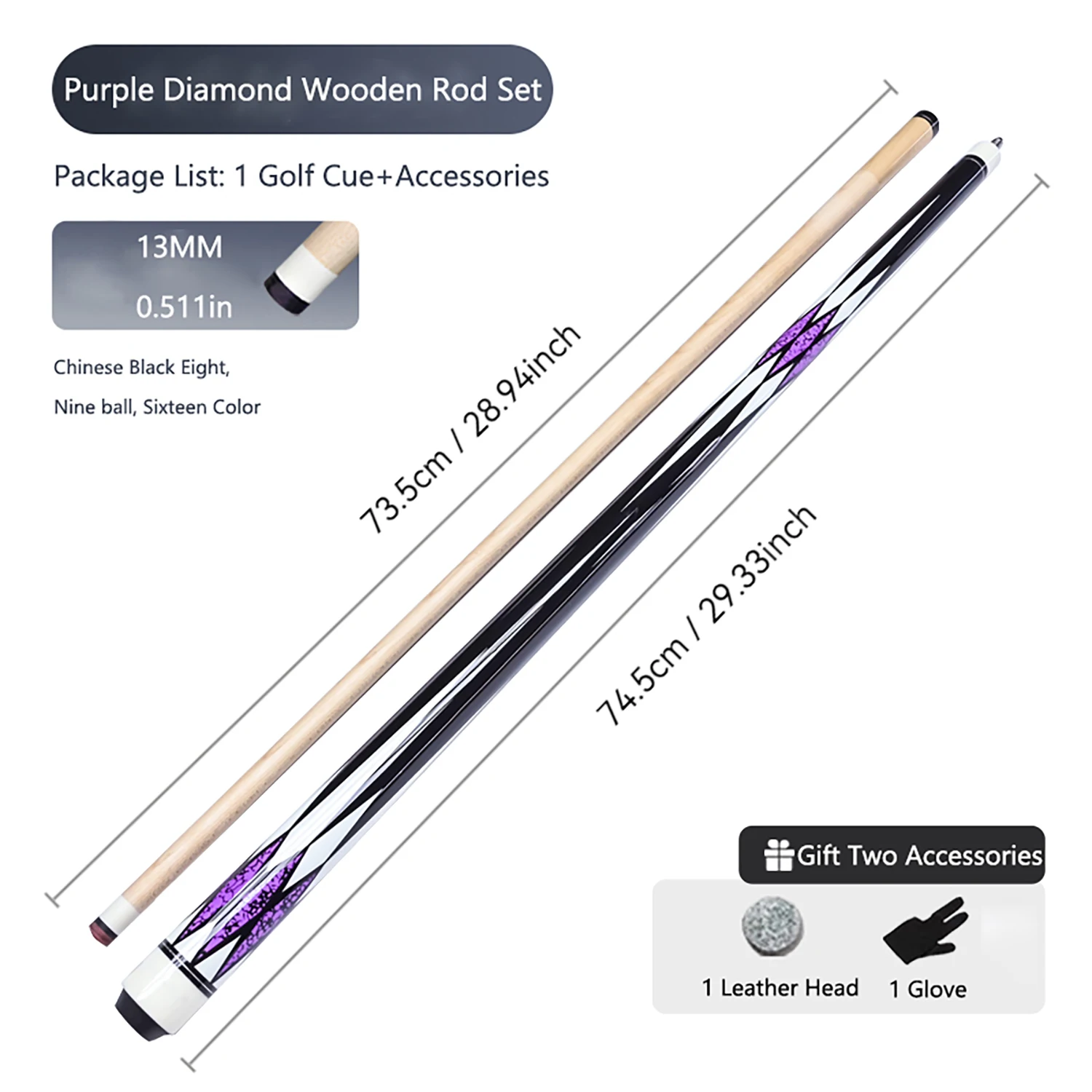 

New Maple Pool Cue with Carrying Case 1/2 Split 148cm13mmTip Large Diamond Purple for Nine Ball Adult Billiards Training Player