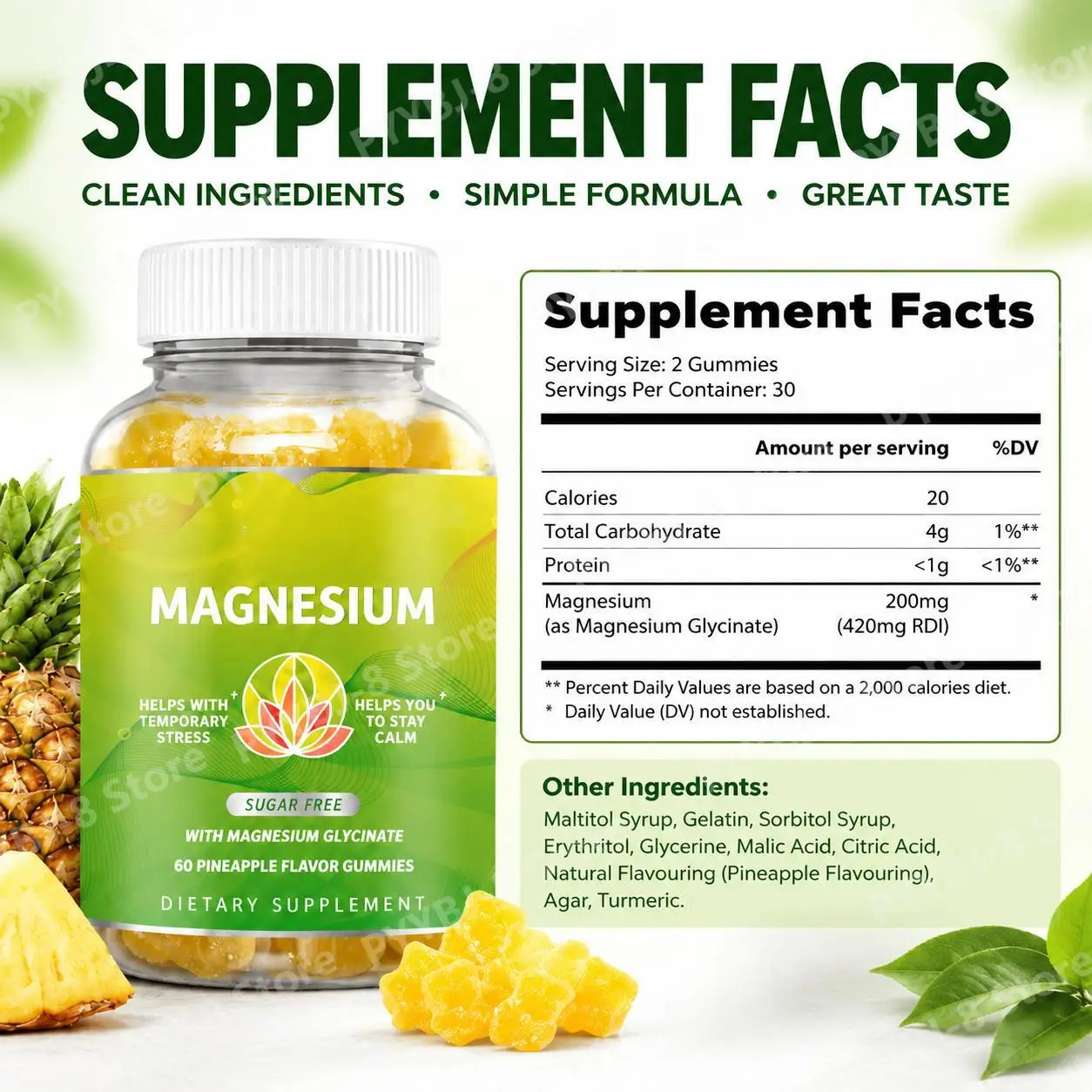 Magnesium Glycinate Gummies,Calm Mood&Reduce Stress,Relax Muscles,Support Heart&Bone Health,Sugar Free,Pineapple Flavor 60Count