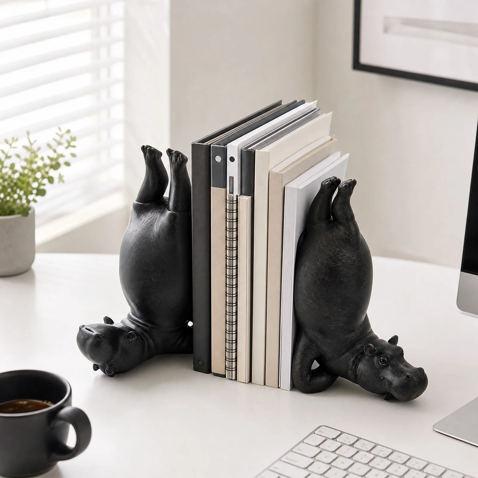 1pc Fun Upside-down Yoga Black Hippo Plastic Bookend Creative Animal Bookshelf Desktop Home Decoration Cute Holiday Gift