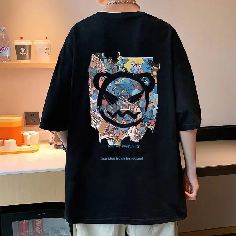 

Loose Fit Men's T-irt ort Sve Cartoon Print Six Points f Sve Summer Faion Casual round Ne Youth ular