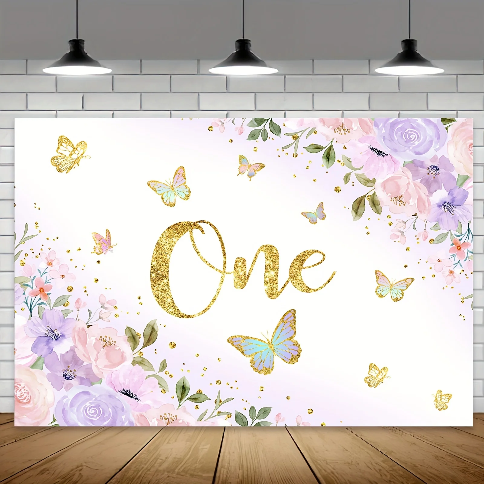 Butterfly Birthday Strap Girl Princess Watercolor Painting Gold Dot Background Banner