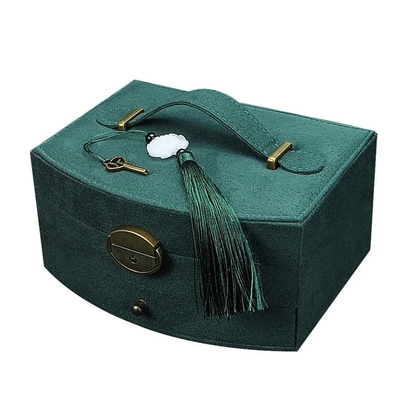 Lbarley 2025 New Velvet  Wooden Double Layer Jewelry Box With Lock 2 Layers Necklace Holder