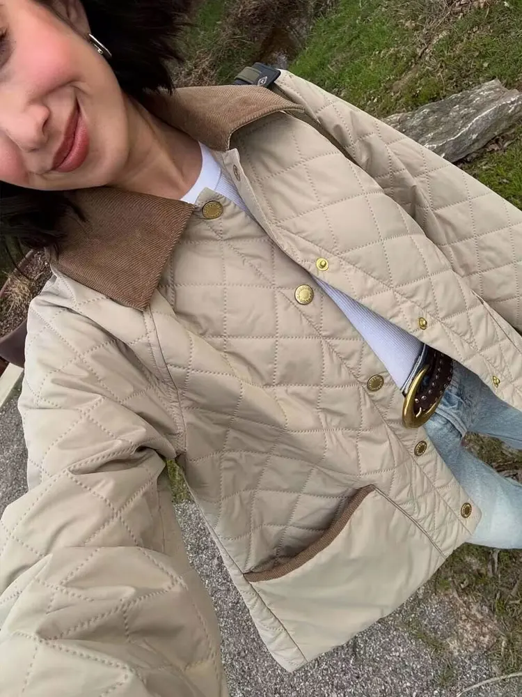 

HH Осенняя уютная хлопковая куртка в ромбовидной клетку для женщин, однотонные повседневные пальто с длинными рукавами и универсальными лацканами, однобортные карманы