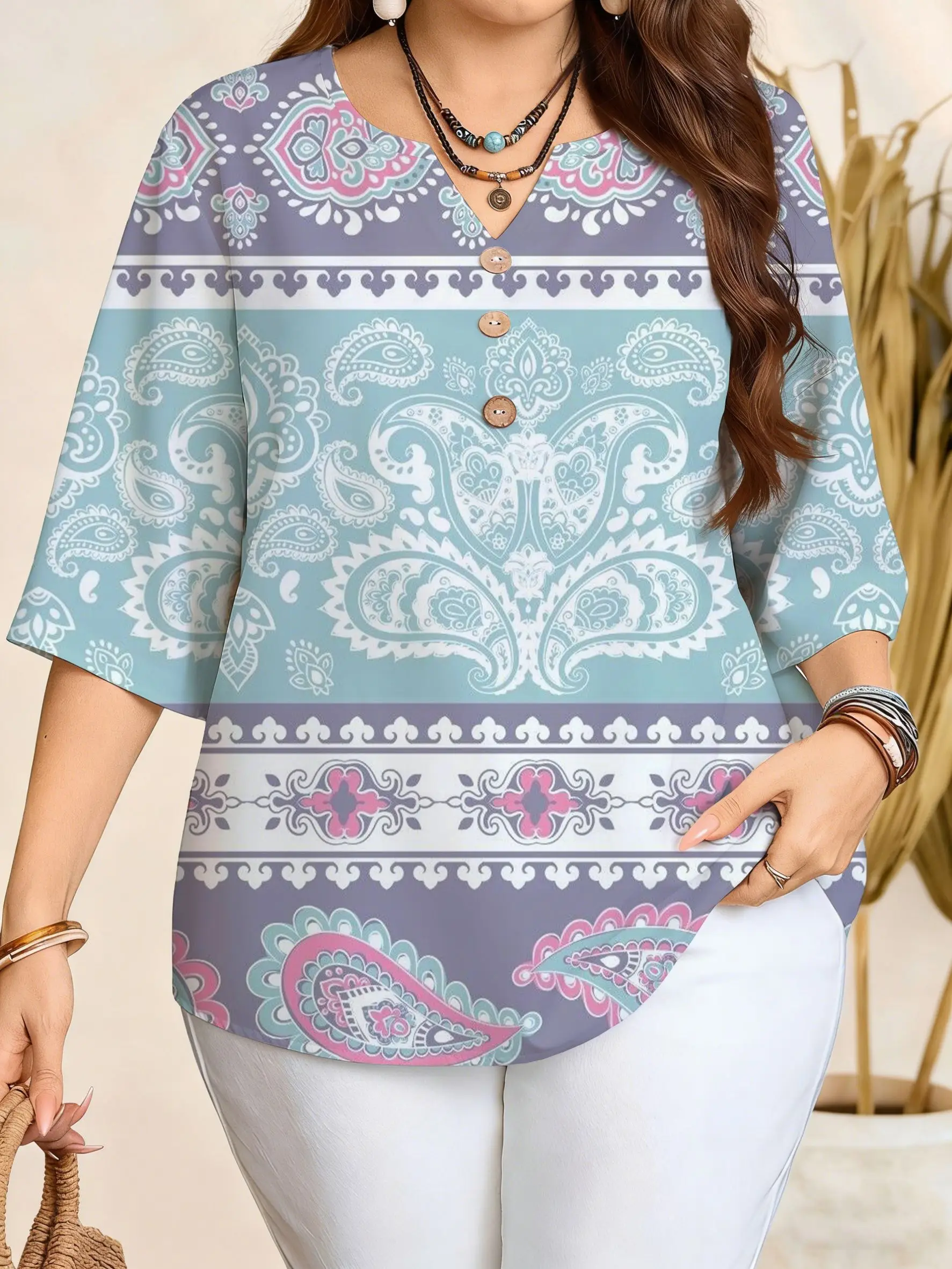 Women Blouse,Abstract Wavy,Tie‑Dye,Paisley Striped,Gradient Leaf,Purple Mandala Print,Notched V‑Neck 3/4 Sleeve Buttons Tops