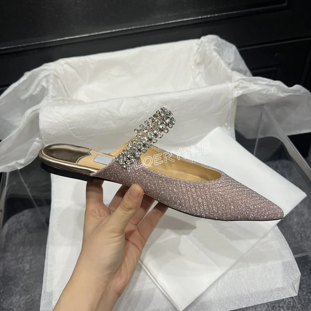 Rhinestone Summer Outer Flat Slippers Ladies Leather Outside Luxury Sandals Fashion Party Dress Pointed Toe Large Size Shoes