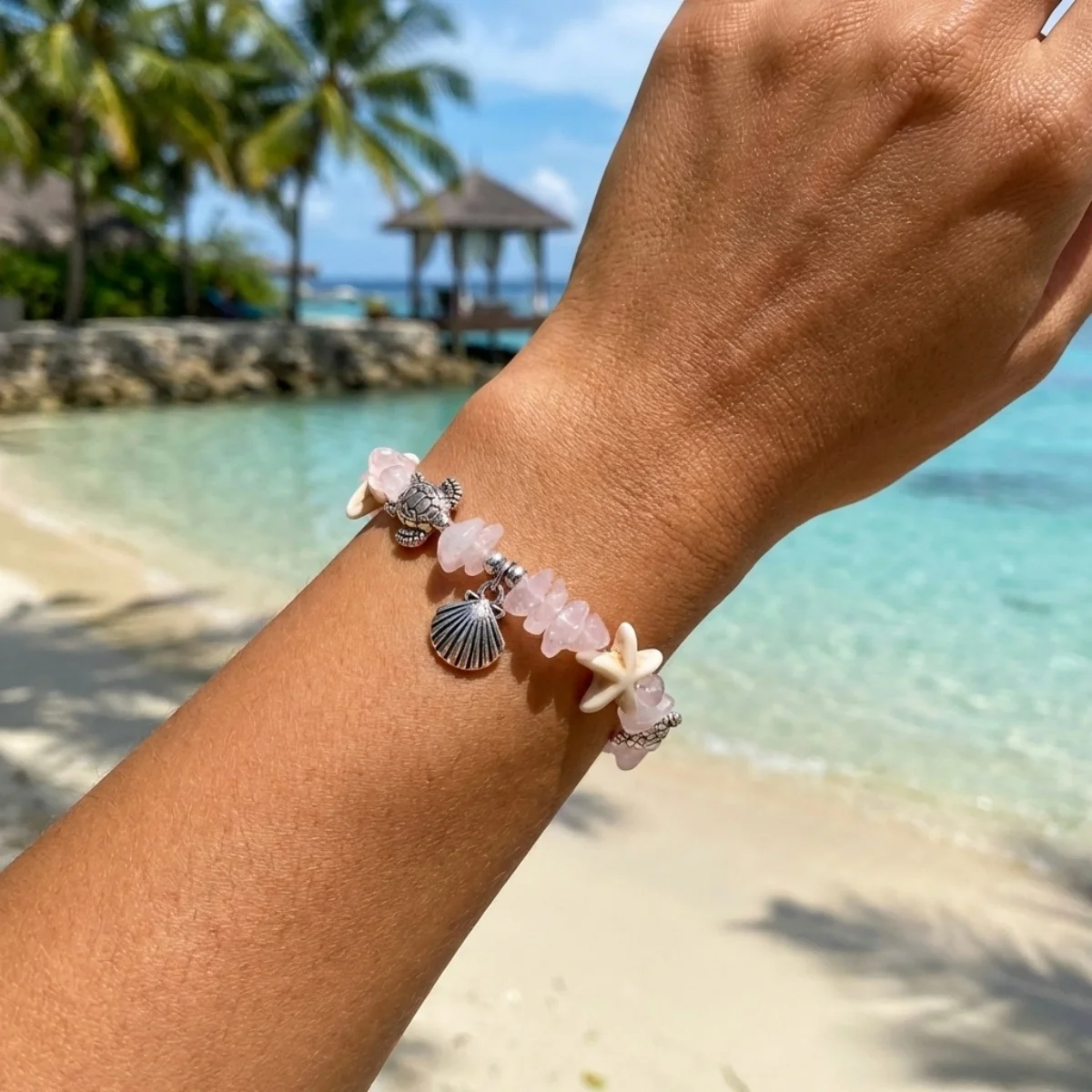 Boho-Armbänder mit zerstoßenen Steinen, Muscheln, Seesternen und Schildkröten für Damen und Herren, Sommer, Strandurlaub, Ozean, Meerestiere, Armreif, Partyschmuck – Detail 7