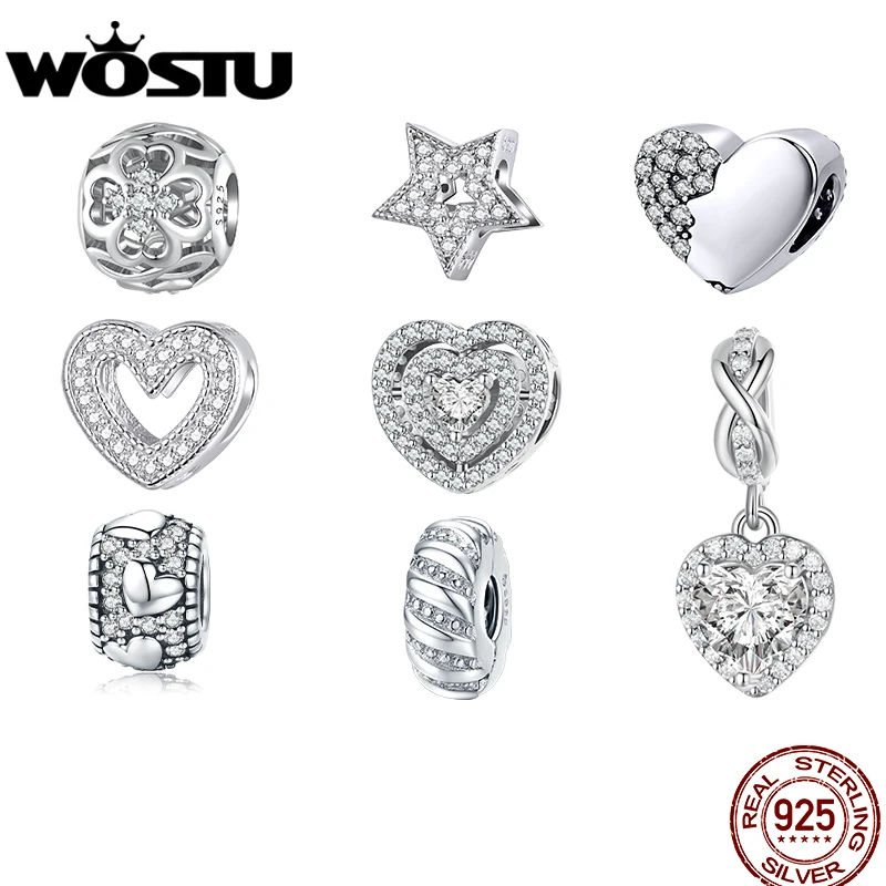 WOSTU 925 Sterling Silver Delicate Shiny Infinite-heart Pendant Zirconium Love Charms Fit Original Bracelet DIY Jewelry Making