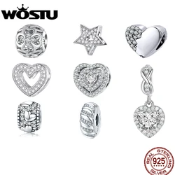 WOSTU 925 Sterling Silver Delicate Shiny Infinite-heart Pendant Zirconium Love Charms Fit Original Bracelet DIY Jewelry Making