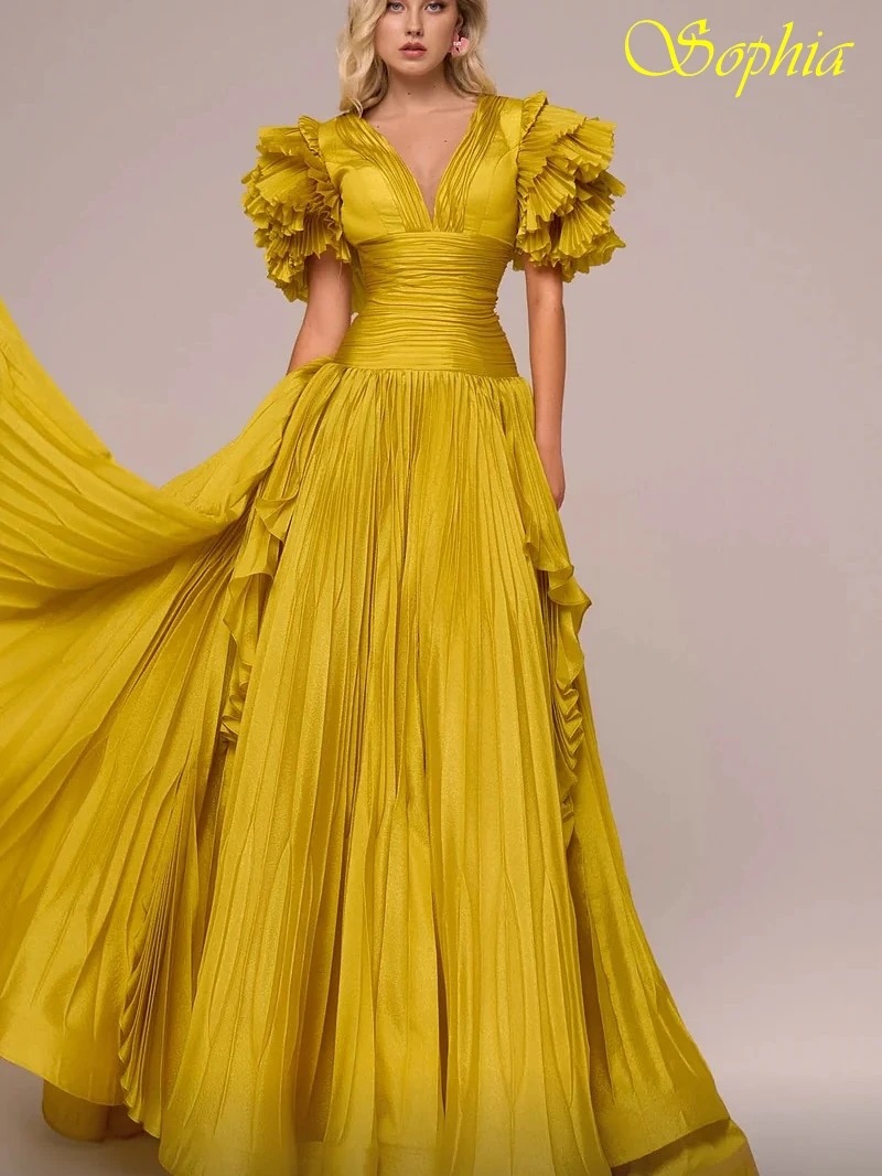 

Customized A-Line V-Neck Short Sleeves Evening Dress Delicate Elegant Celebrity Gowns Temperament Bespoke Occasion Gowns