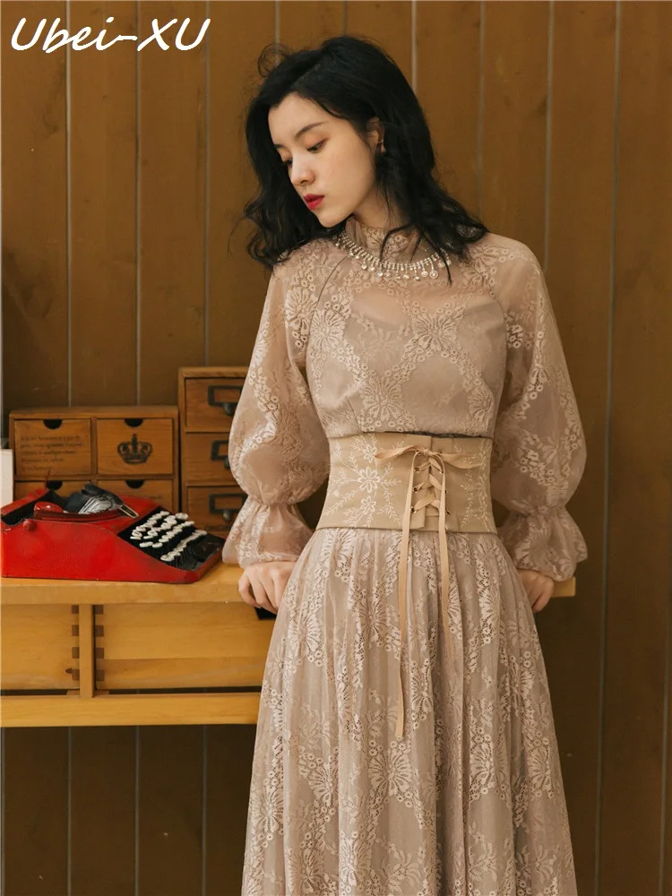 Ubei Spring new vintage French court style flared sleeve dress female high waist show thin lace long dress