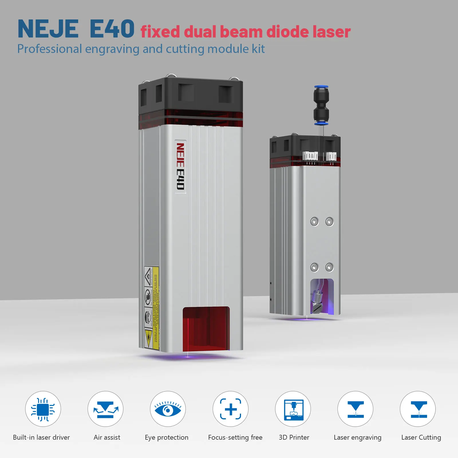 2024 NEJE New E40 Laser Module Fixed-Focus 11W-Output 2 BEAM Professional Cutting and Mark Stainless Steel/Metal Engraving