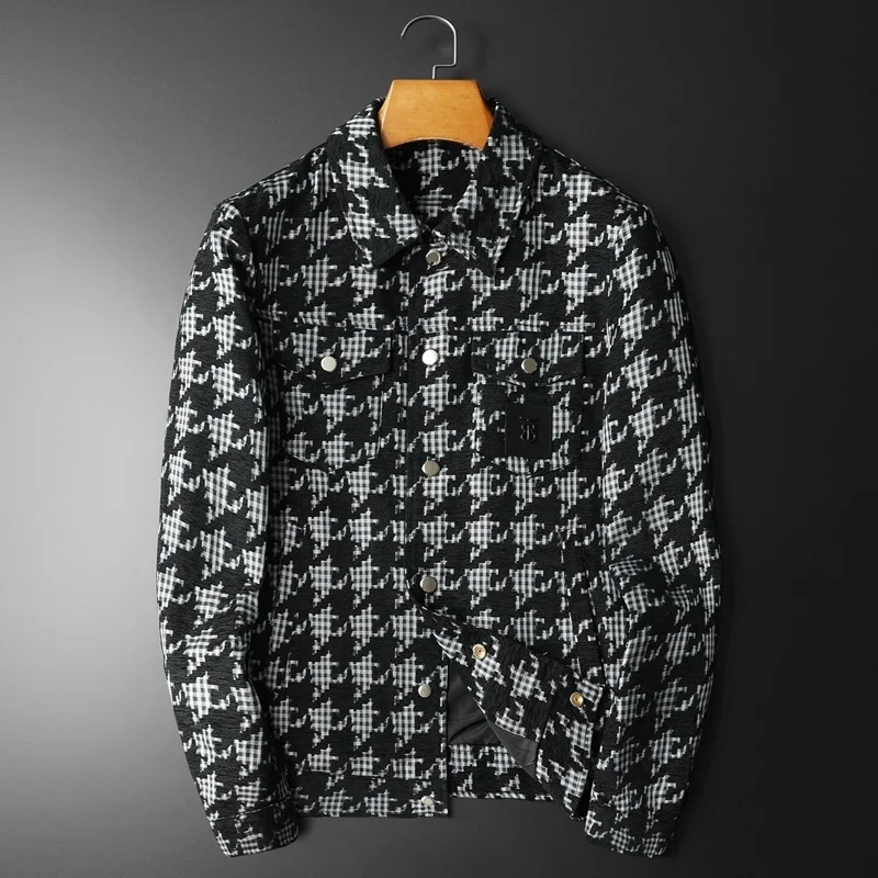 2023 Fall Houndstooth Buttons Decorative Jacket Men's Trend  Slim Lapel Long Sleeve Jacket Men High Quality Casual Jacket Coat