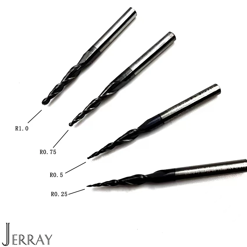 JERRAY D3.175 4 6 8mm HRC55 2Flutes Tungsten solid carbide Tapered Ball Nose End Mills CNC 2D 3D Carving Bits Milling cutter